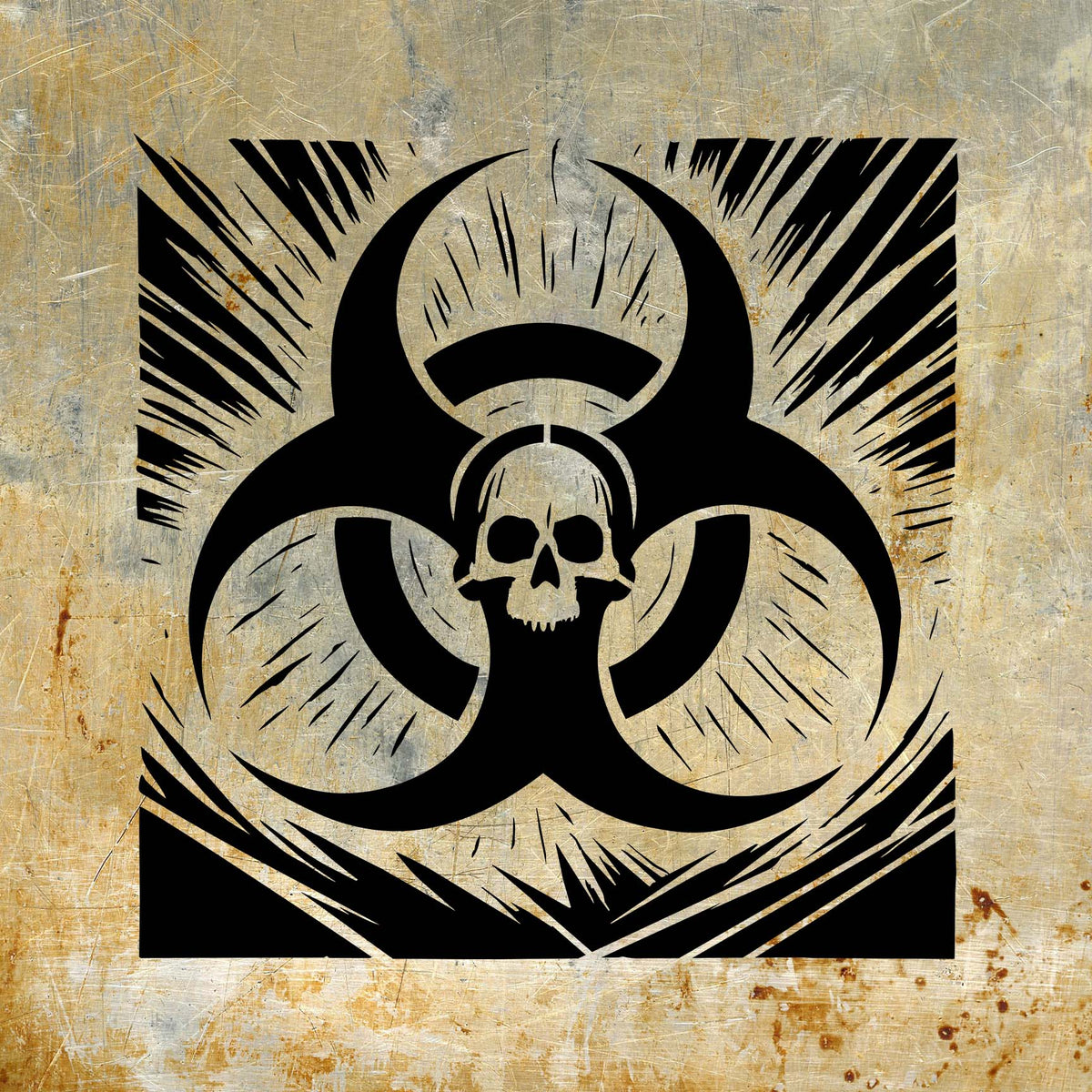 Industrial metal showcases the Biohazard Skull Emblem Stencil with dramatic radiating details