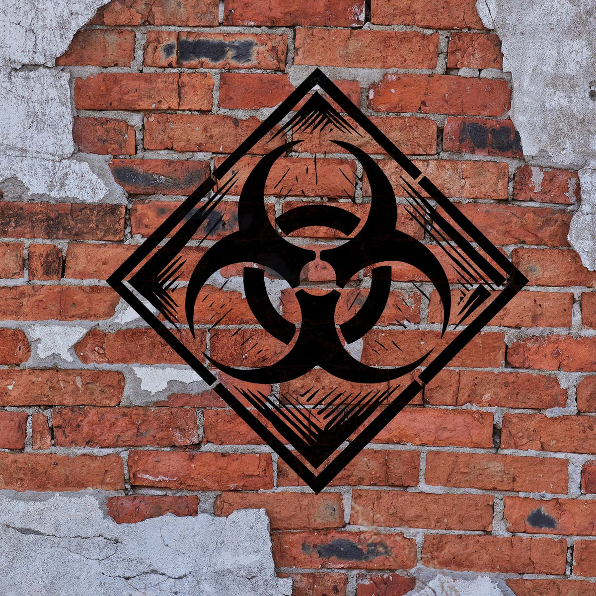 Biohazard Warning Diamond Frame Stencil stands bold in black across a weathered brick wall