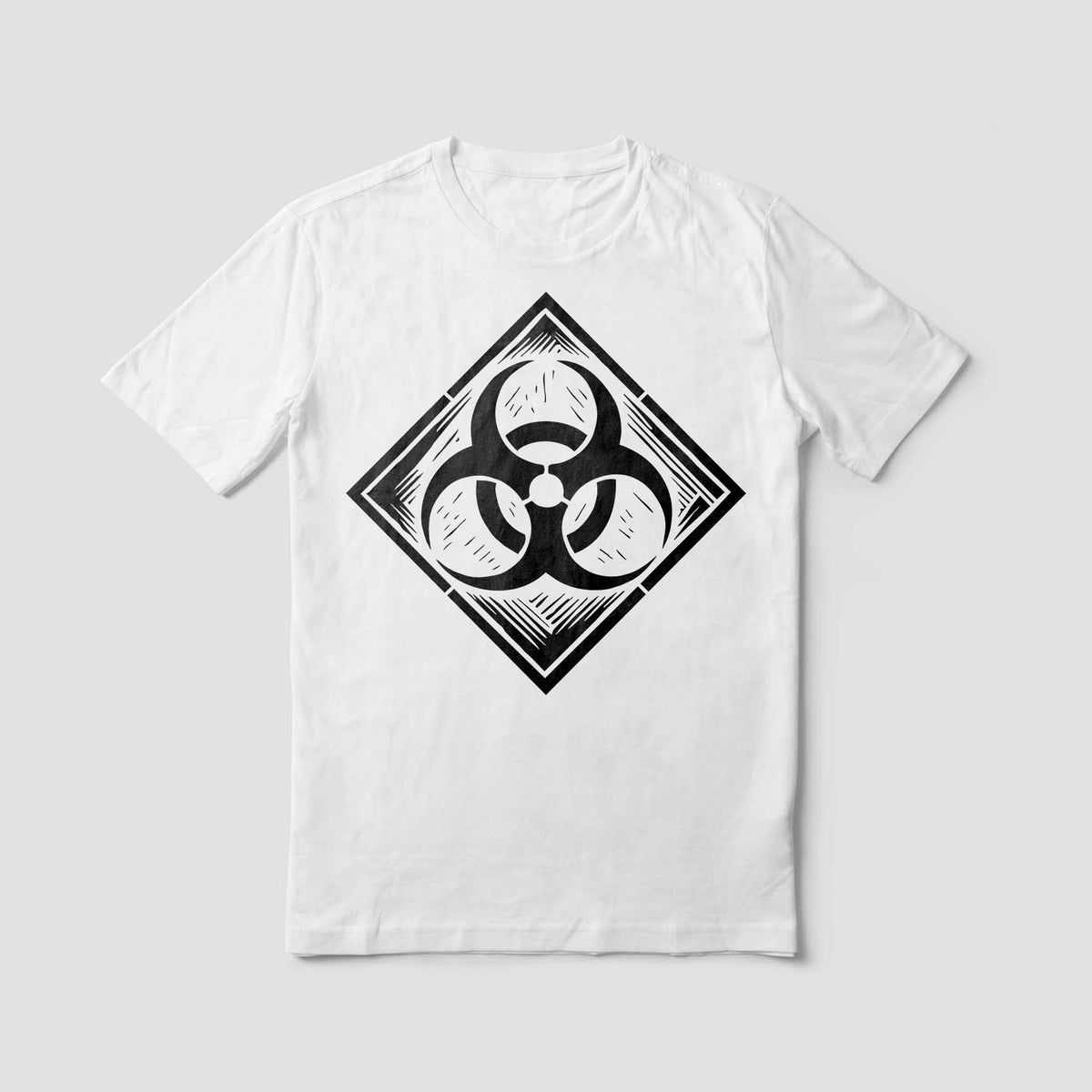 White shirt features the Biohazard Warning Diamond Frame Stencil as a striking black graphic