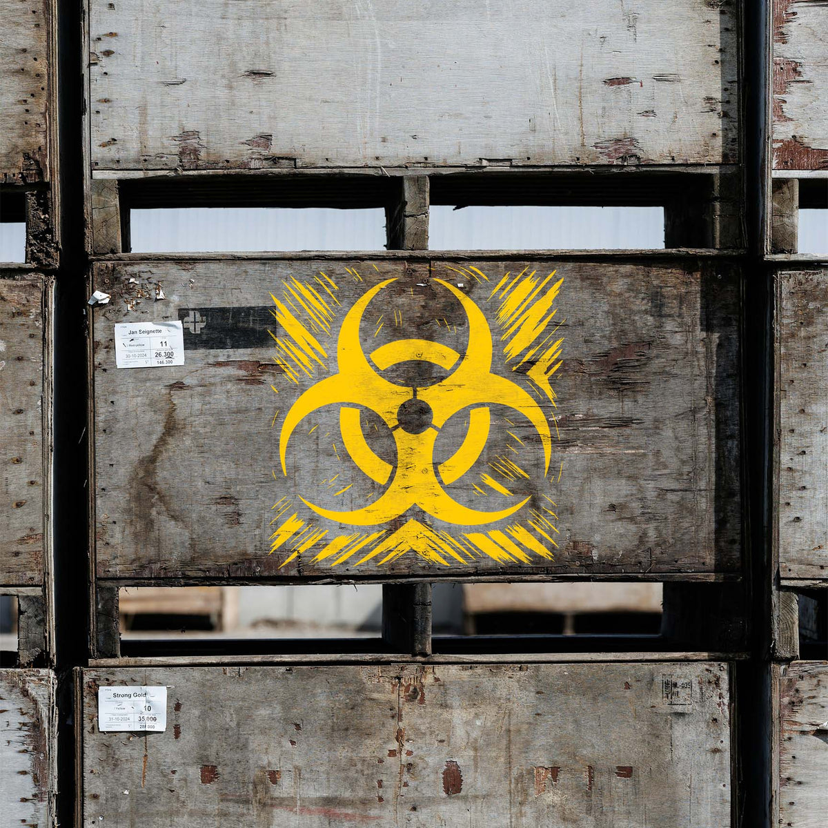 Biohazard Warning Symbol Stencil marks a weathered wooden crate with a yellow graphic