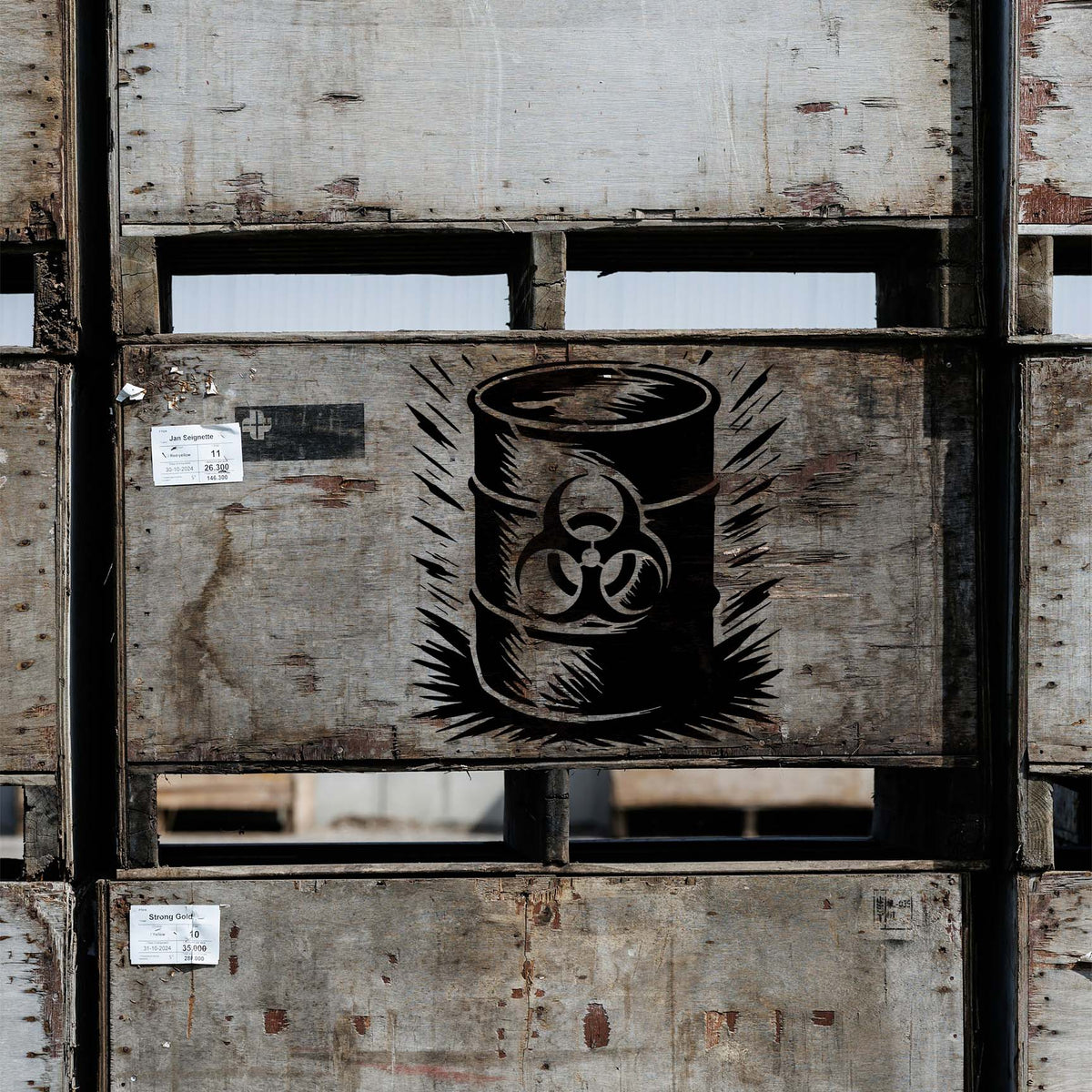 An industrial wood crate displays the Biohazard Waste Barrel Stencil with a striking warning symbol.