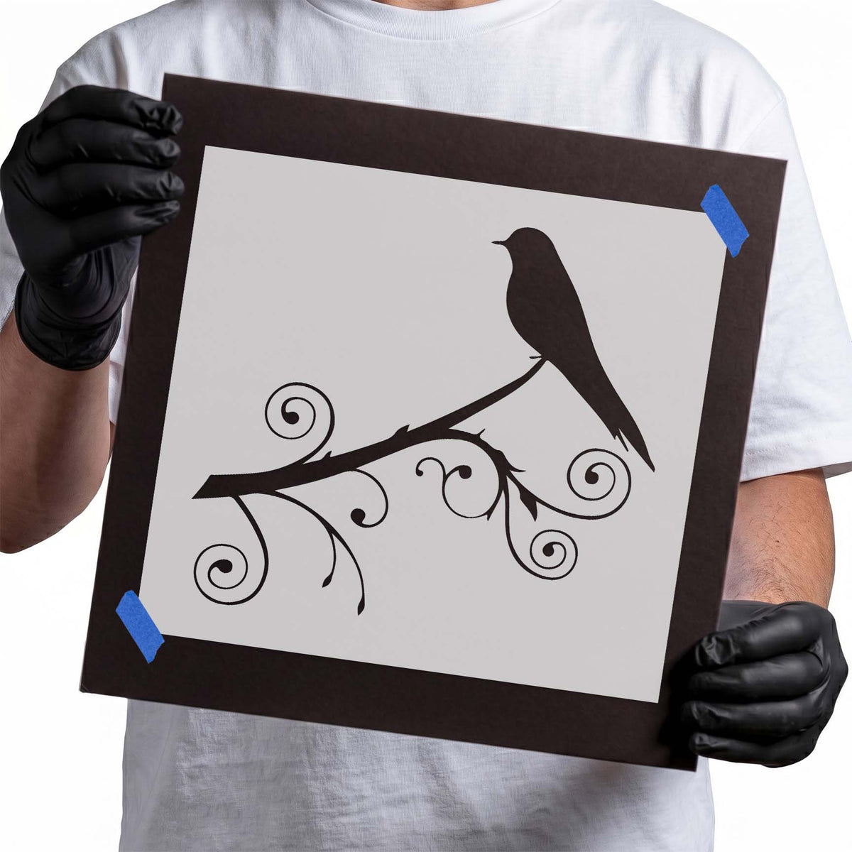 Bird on a Beautiful Branch stencil with a perched bird and swirling decorative branch