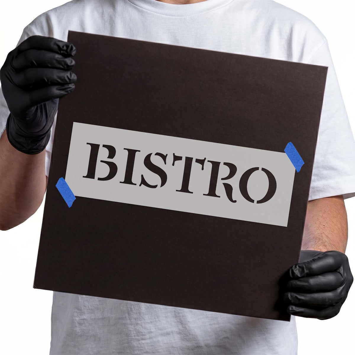 Bistro sign stencil displaying bold uppercase serif lettering with classic thick and thin strokes