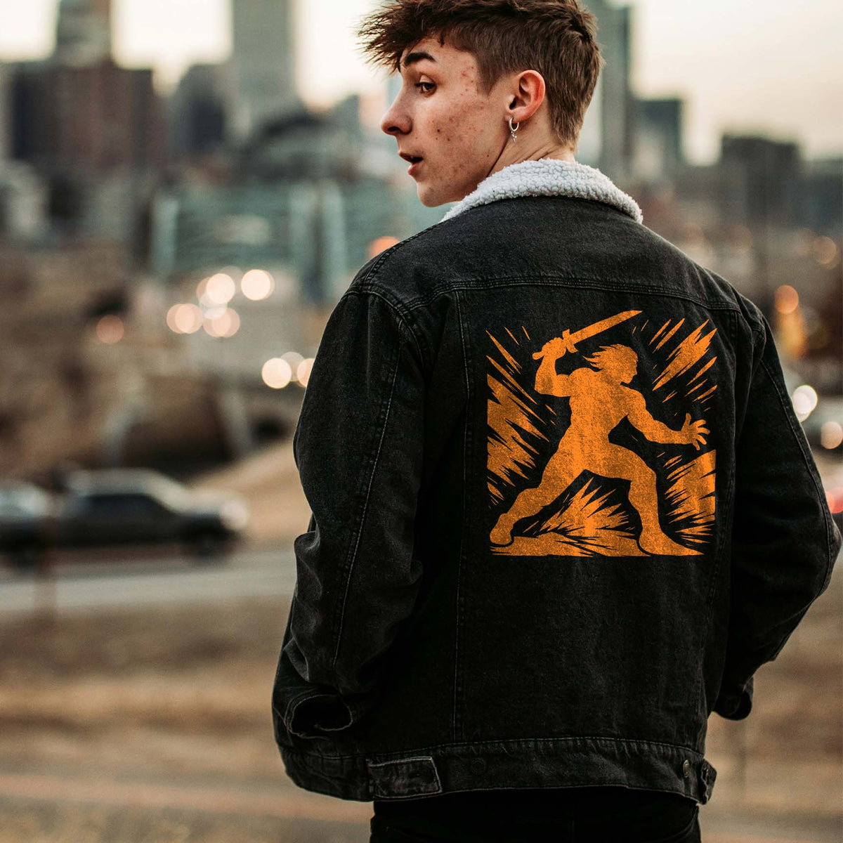 Blade Strike Warrior Stencil printed orange on the back of a black denim jacket.