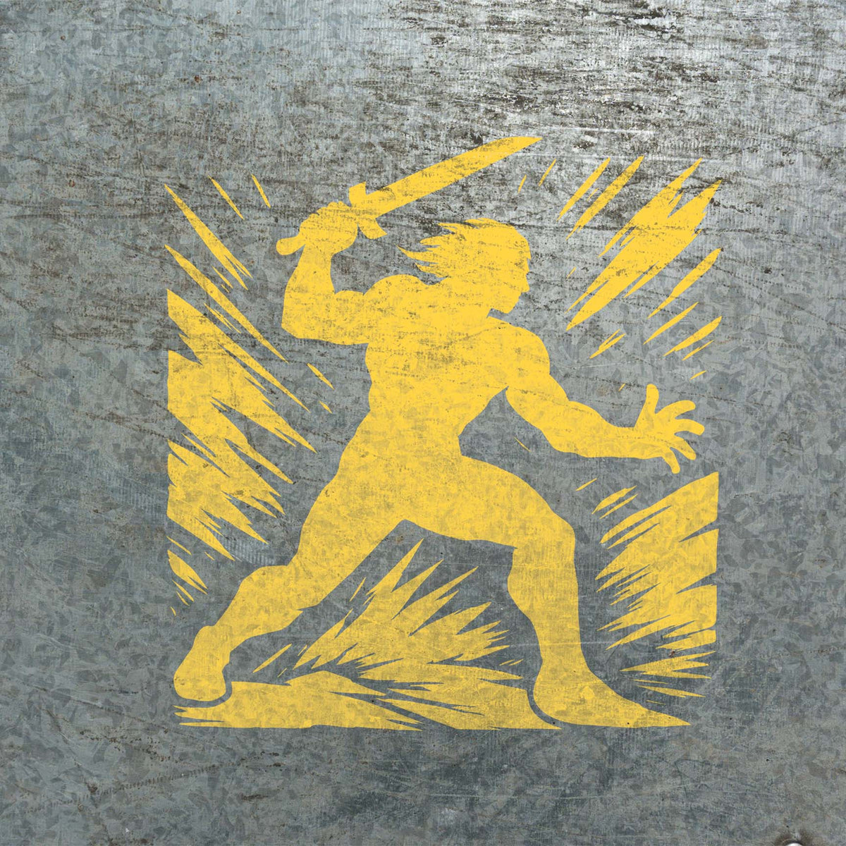 Blade Strike Warrior Stencil painted yellow on a textured metal surface.
