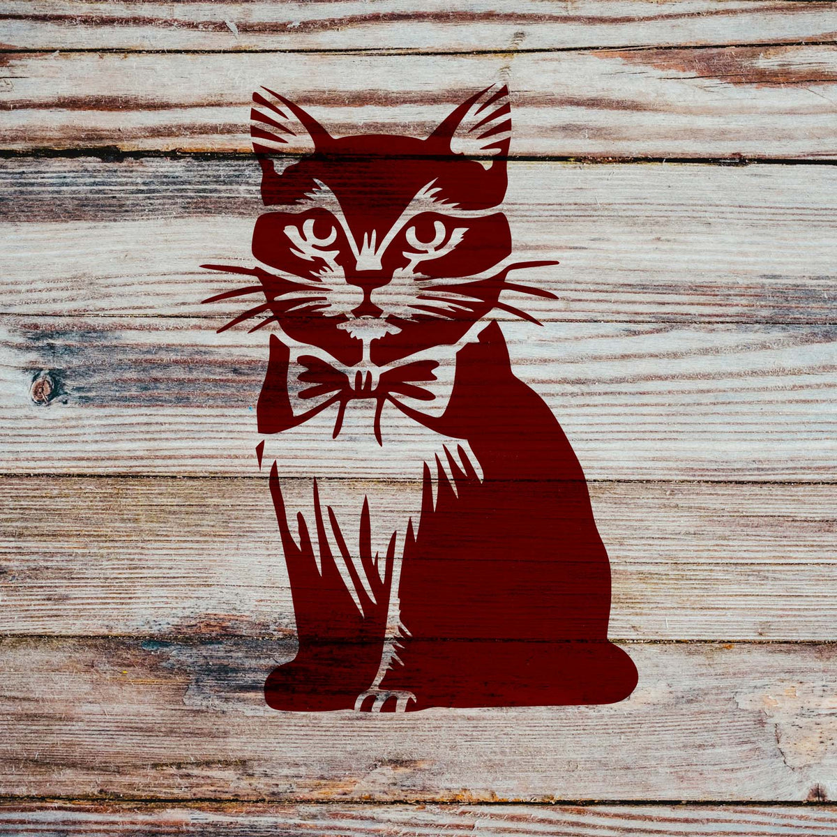 On weathered planks, the Bow Tie Cat Stencil highlights a refined cat with alert eyes and a neat bow tie.