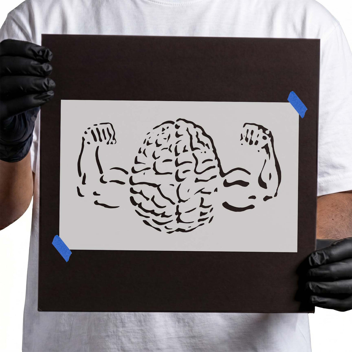Brain stencil centered between two flexed muscular arms