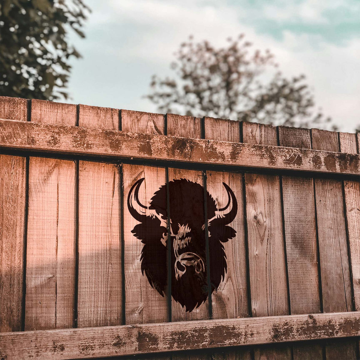 Shaggy Buffalo Head Stencil painted dark on a rustic wooden fence with prominent curved horns.