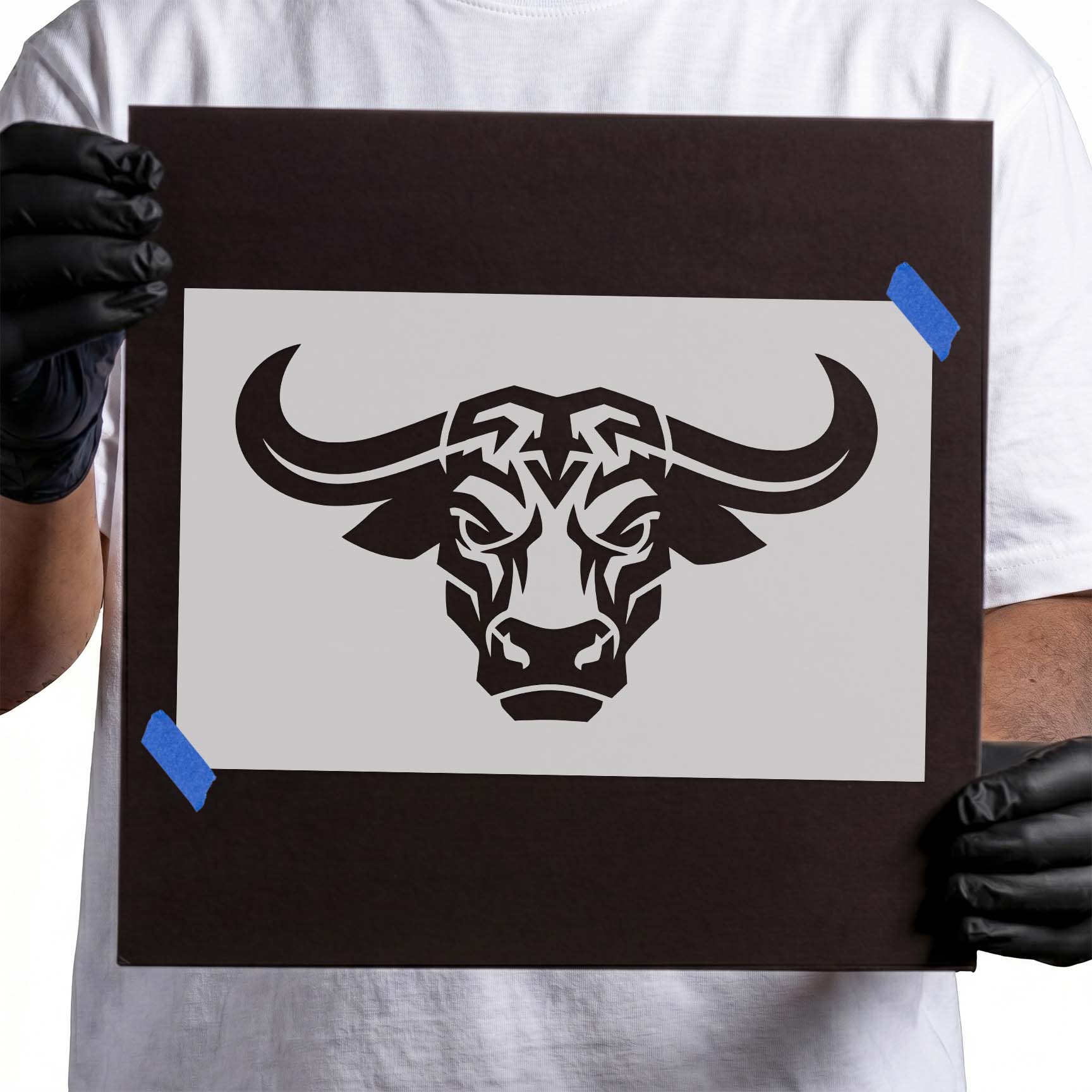 Front-facing buffalo head stencil with wide curved horns
