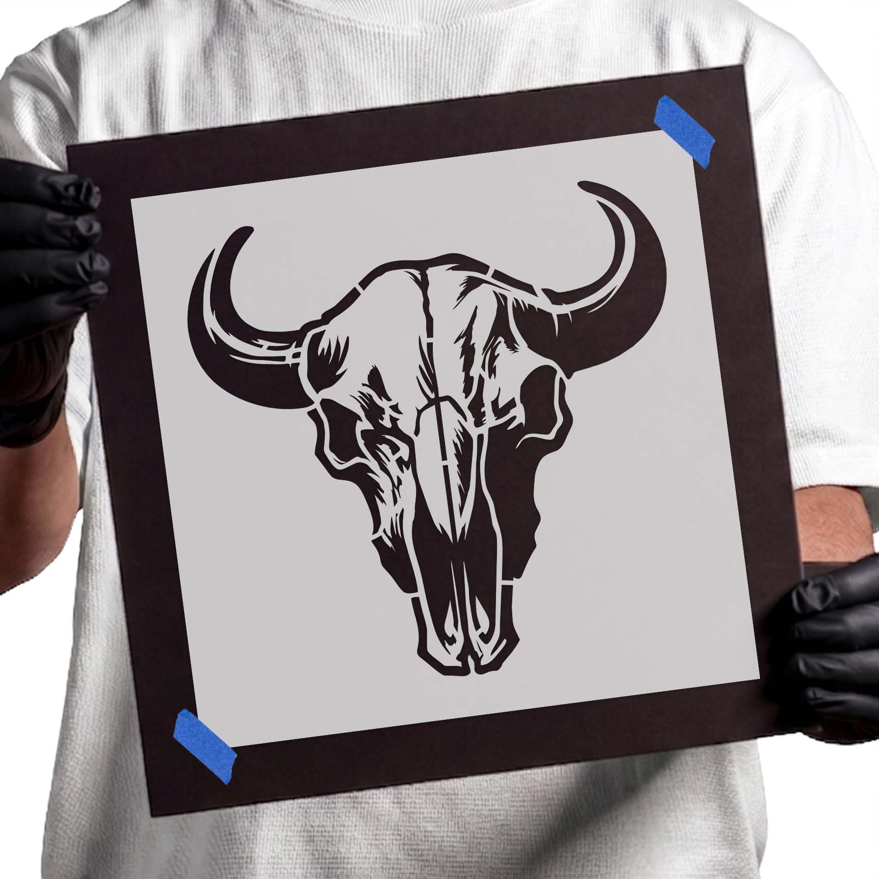 Buffalo skull stencil with large curved horns