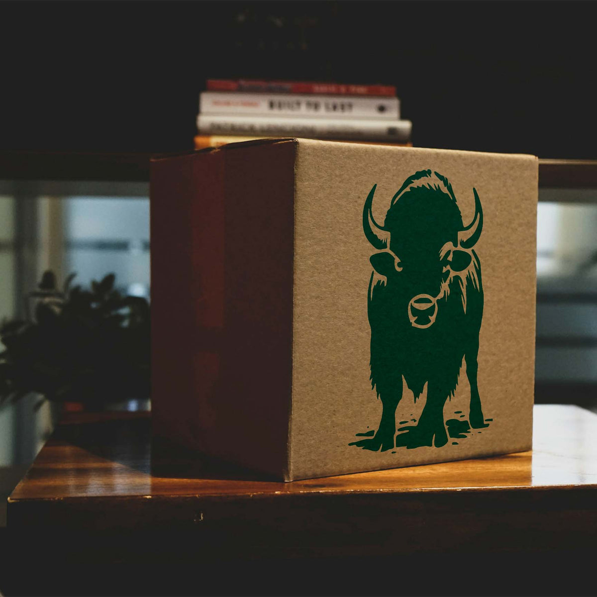 Front Facing Bison Stencil painted dark green on a cardboard box with bold horns and shaggy fur.