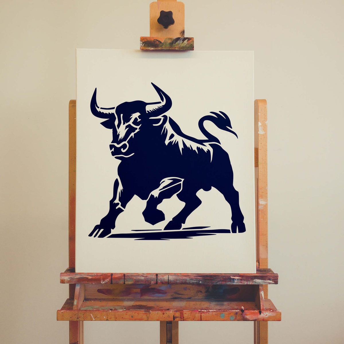 Fierce Bull Stencil painted on canvas showing a powerful horned bull with raised hoof.