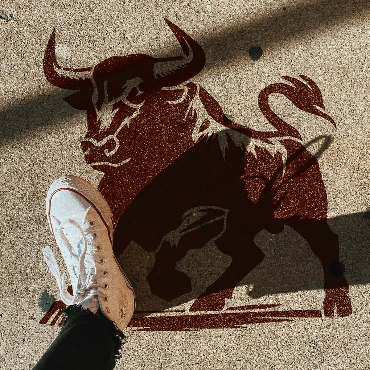 Fierce Bull Stencil painted on concrete beside a white sneaker with strong shadows.