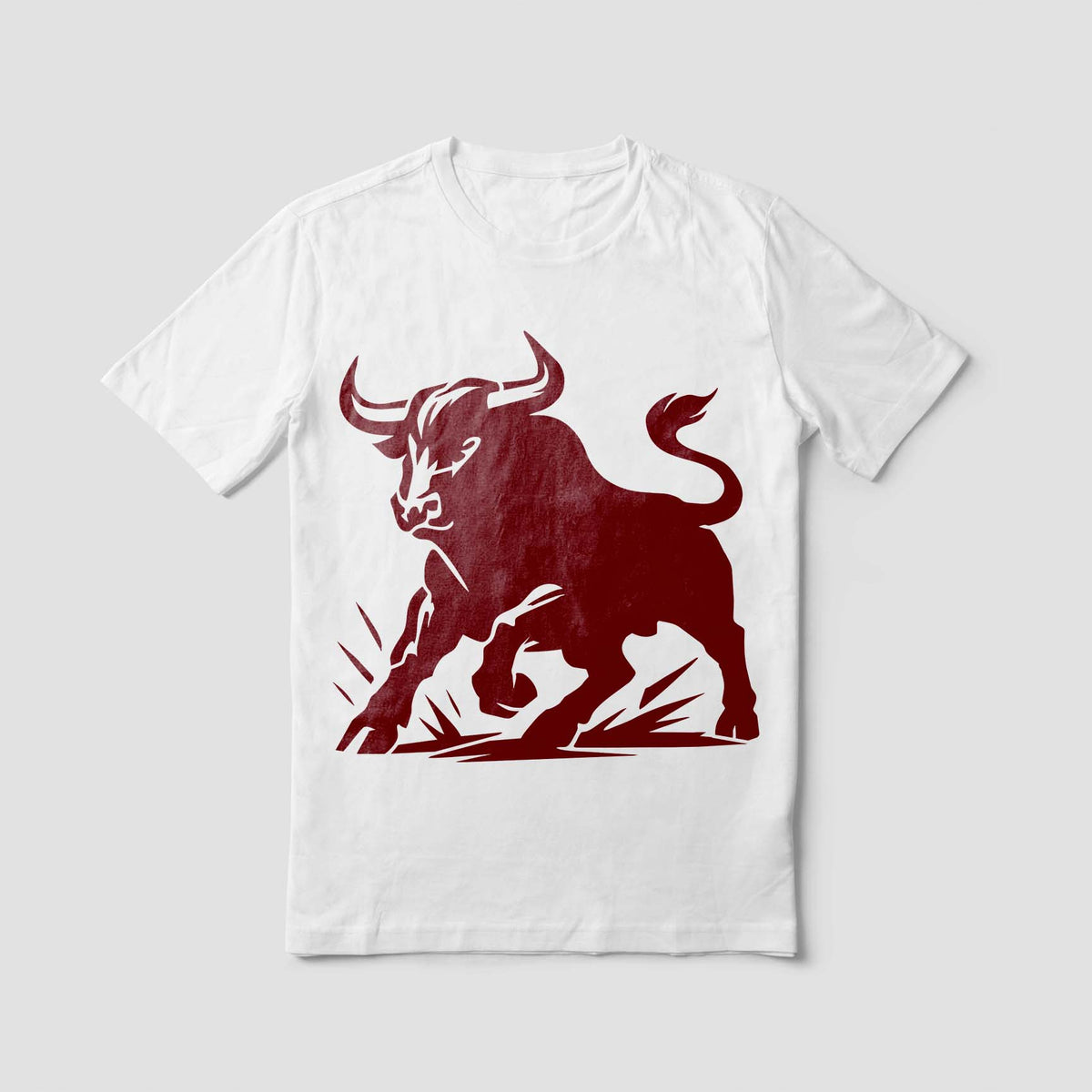 Horned Bull Stencil printed dark red on a white T-shirt with bold horns and a charging stance.