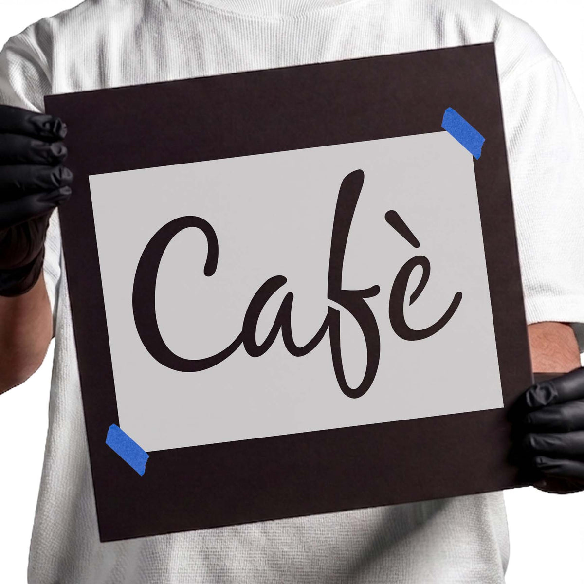 Cafe sign text stencil with flowing cursive lettering and an accented final letter