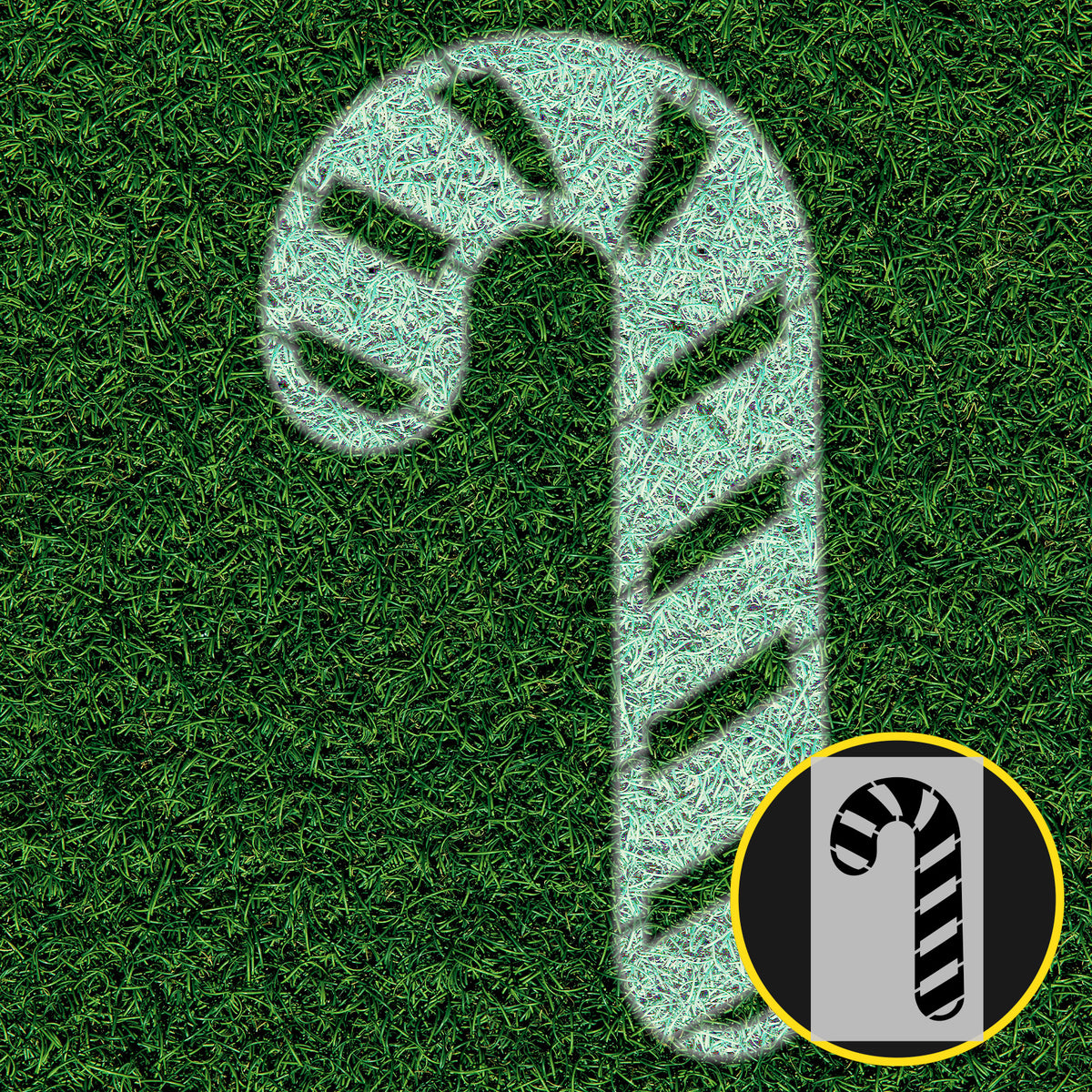 Candy cane lawn stencil painted white on green grass