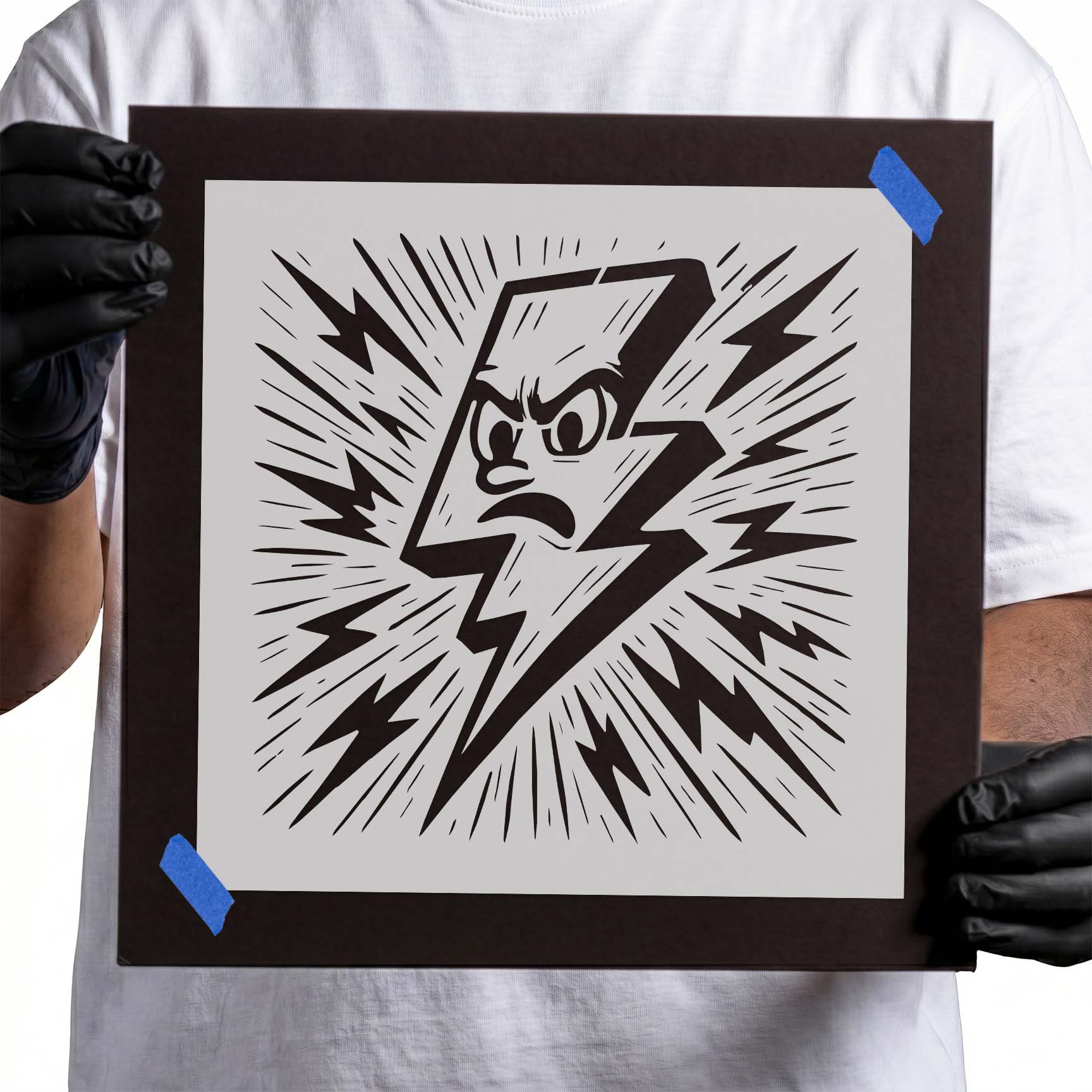 Cartoon lightning bolt stencil with angry face and electric flashes