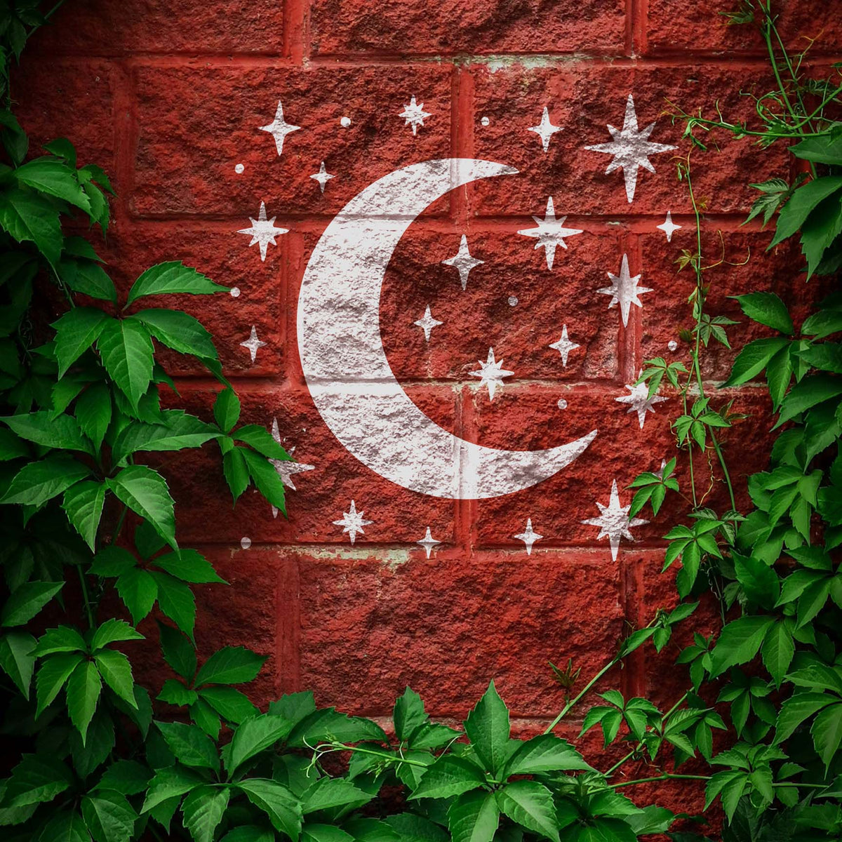 White Celestial Crescent Moon and Twinkling Stars Stencil glows on a red brick wall framed by vines.