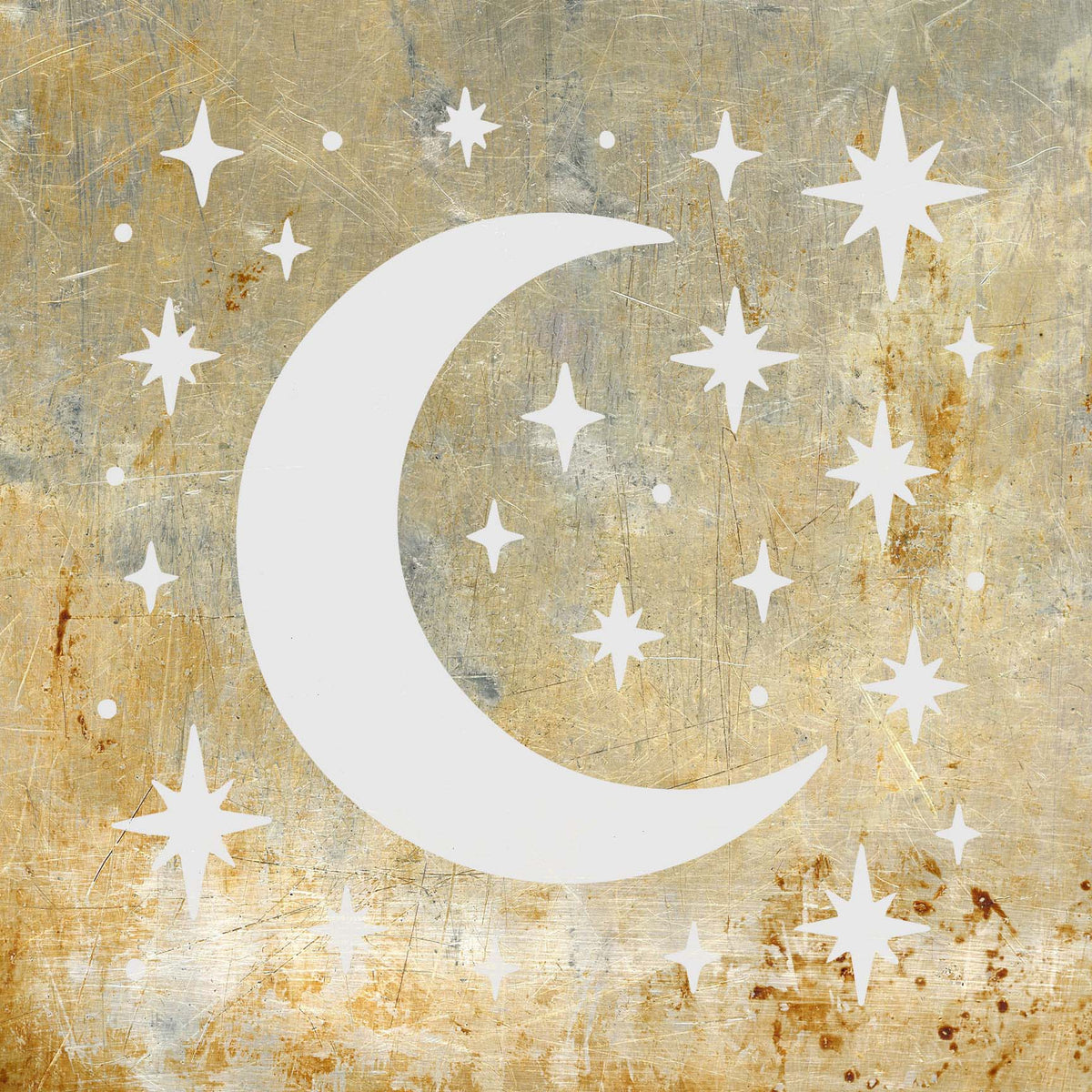 Celestial Crescent Moon and Twinkling Stars Stencil scatters white stars across scratched metal.