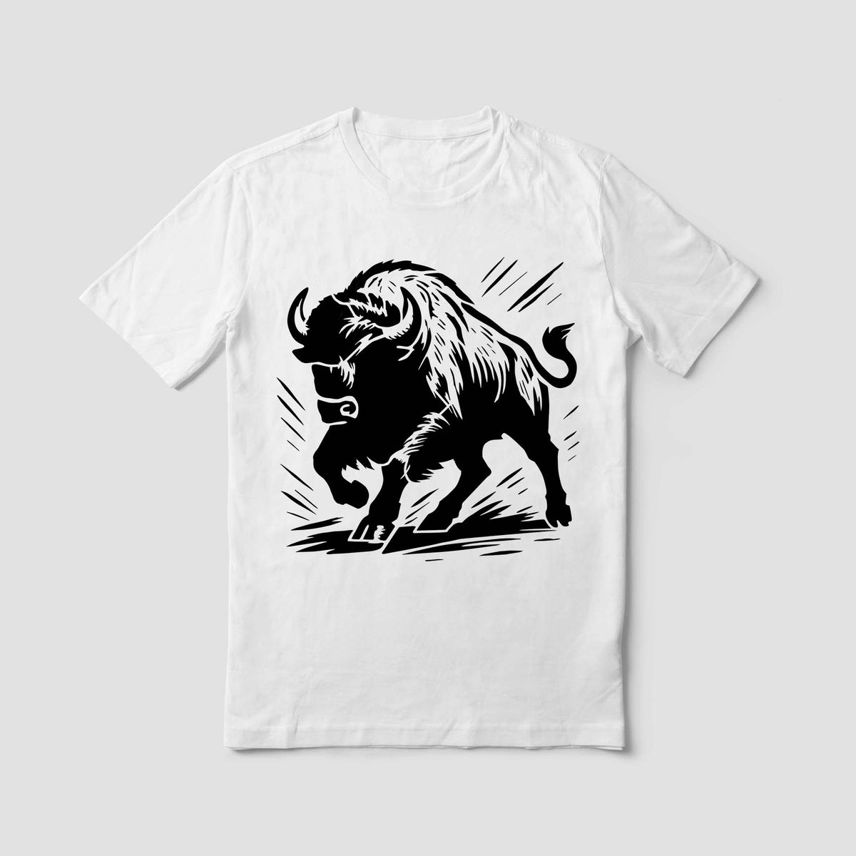 Bold black Charging Bison Stencil features a powerful horned bison charging across a white T-shirt.