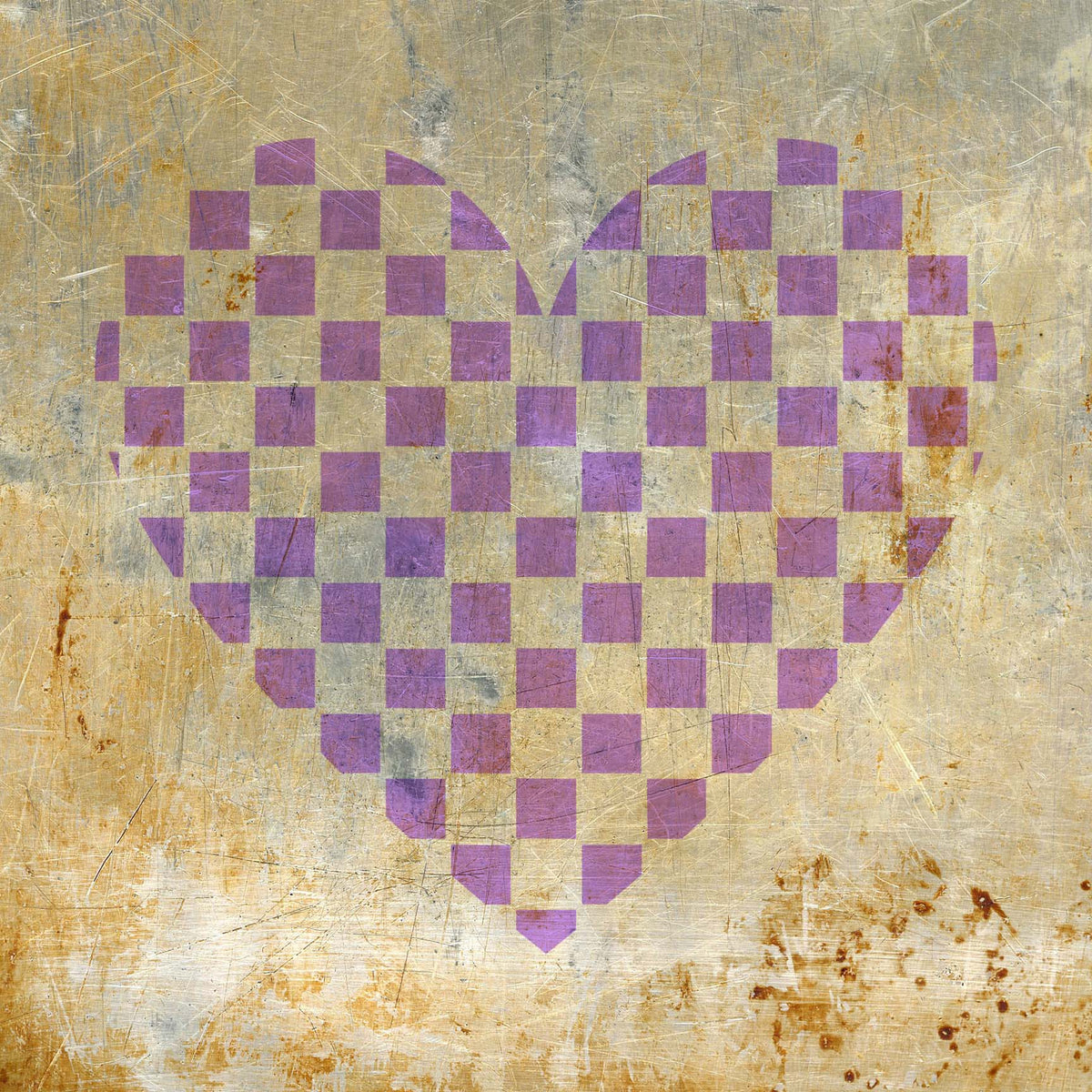 Checkerboard Heart Stencil brings a soft purple heart design to a weathered metal surface.