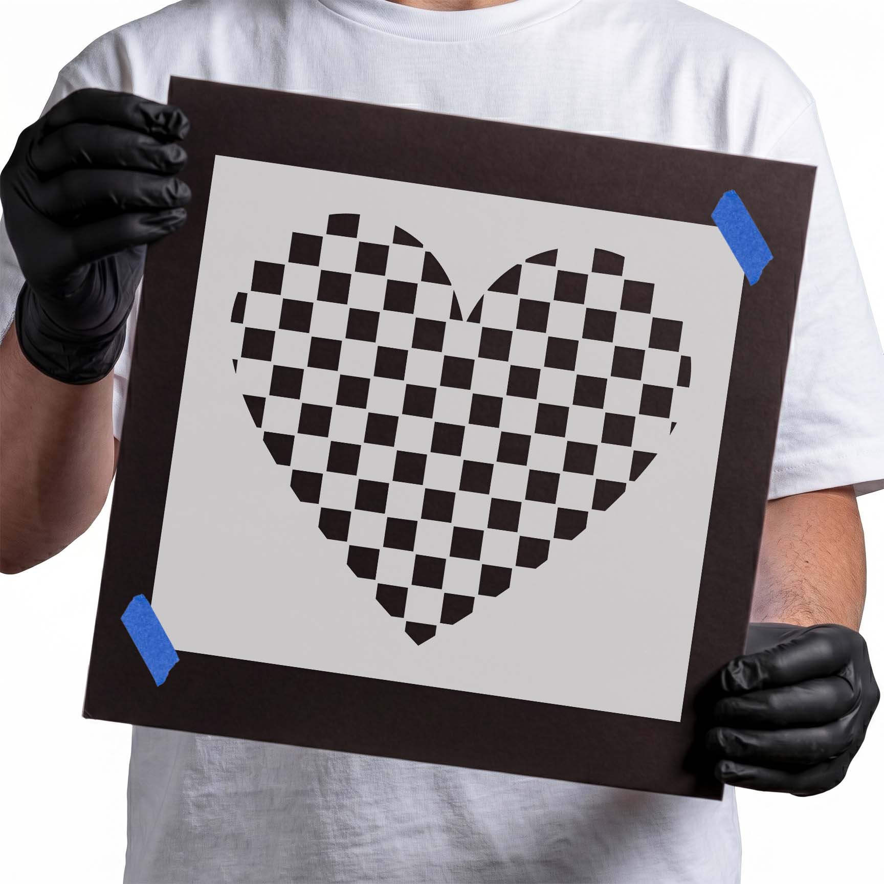 Bold checkerboard heart stencil featuring a classic heart silhouette filled with an evenly spaced geometric checkered pattern