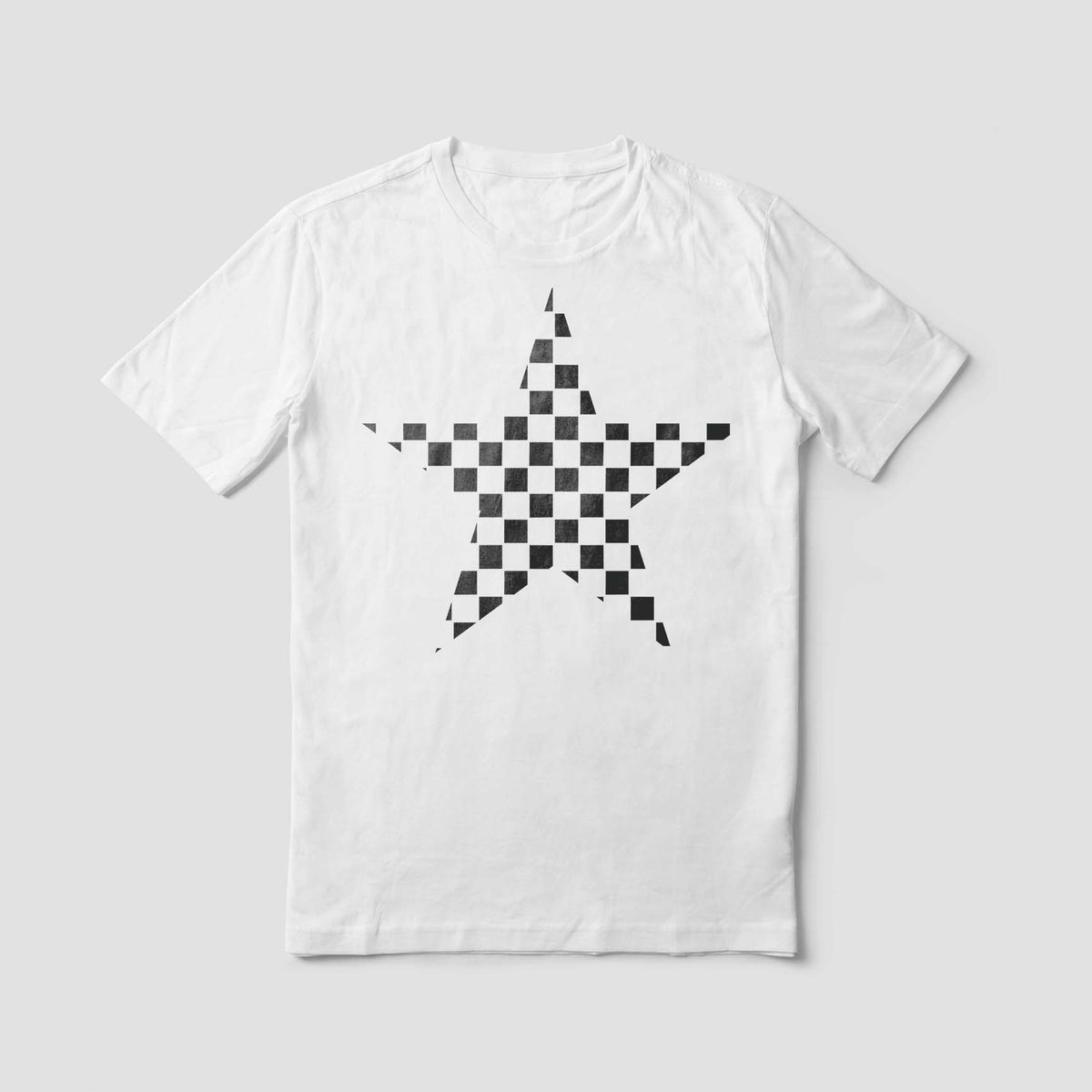 A white T-shirt features the Checkerboard Star Stencil in a striking black geometric pattern