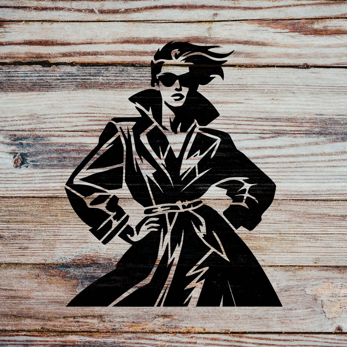 Chic Trench Coat Fashion Stencil features a poised figure painted on rustic wood