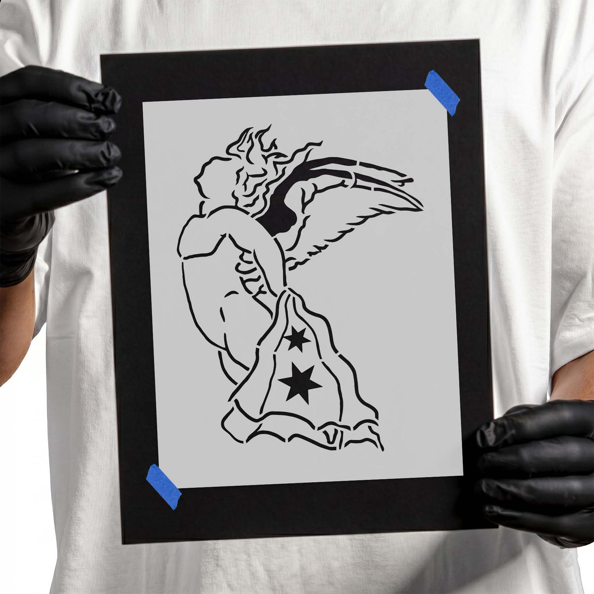 Chicago eagle stencil holding a flowing flag with two six-pointed stars