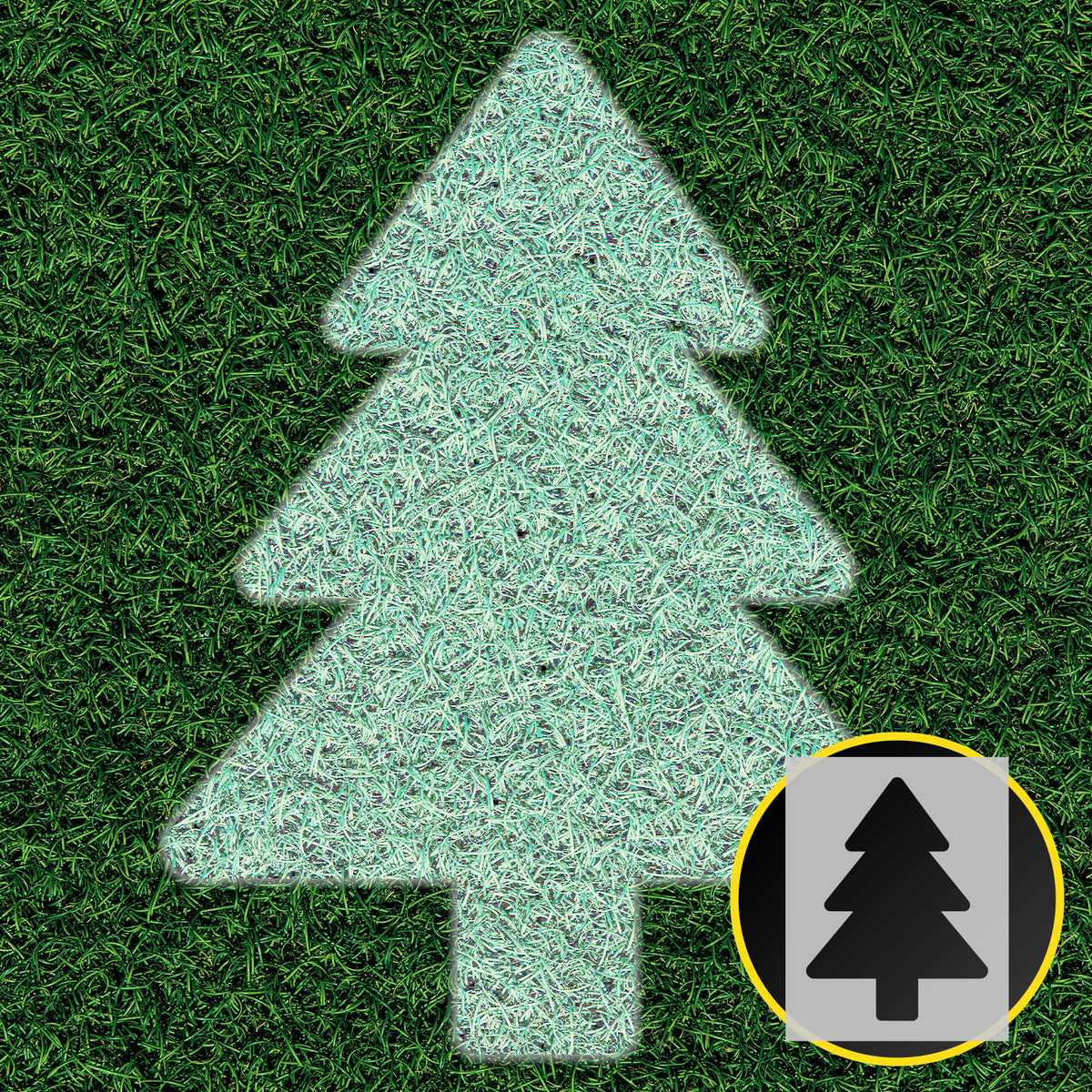 Christmas tree lawn stencil painted white on green grass