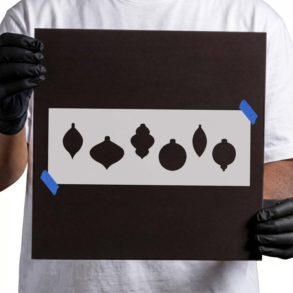 Christmas Tree Ornament Pattern Stencil featuring six classic bauble and teardrop silhouettes