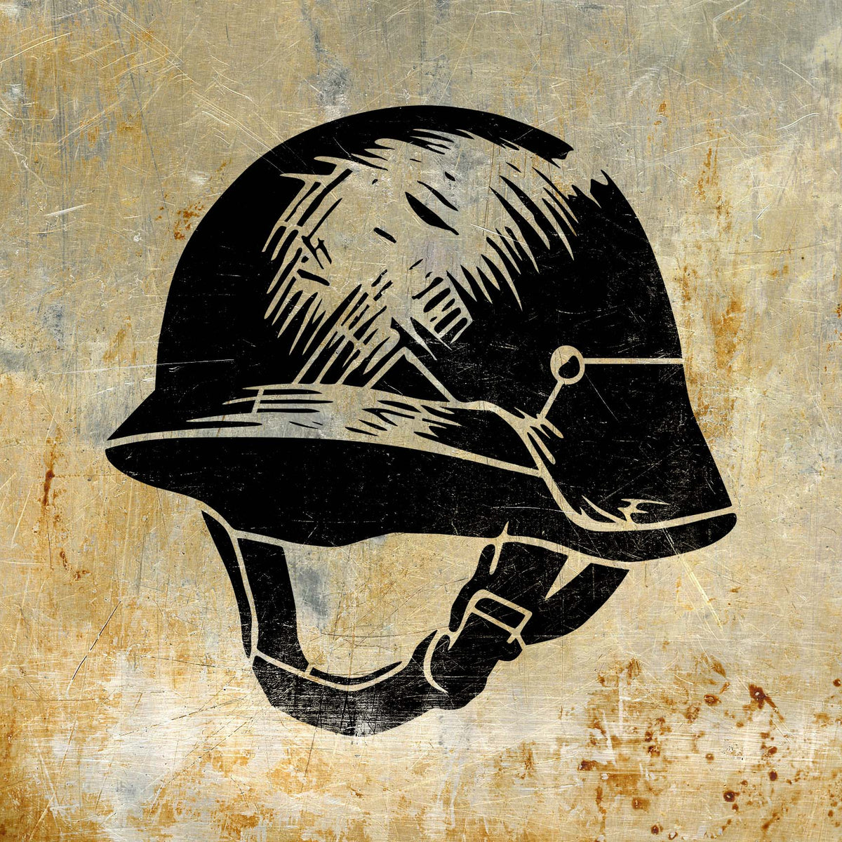 Against scratched metal, the Classic Military Helmet Stencil reveals bold black details and a chin strap.