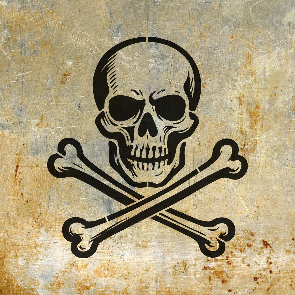 On scratched metal, the Classic Skull and Crossbones Stencil creates a striking black skull emblem