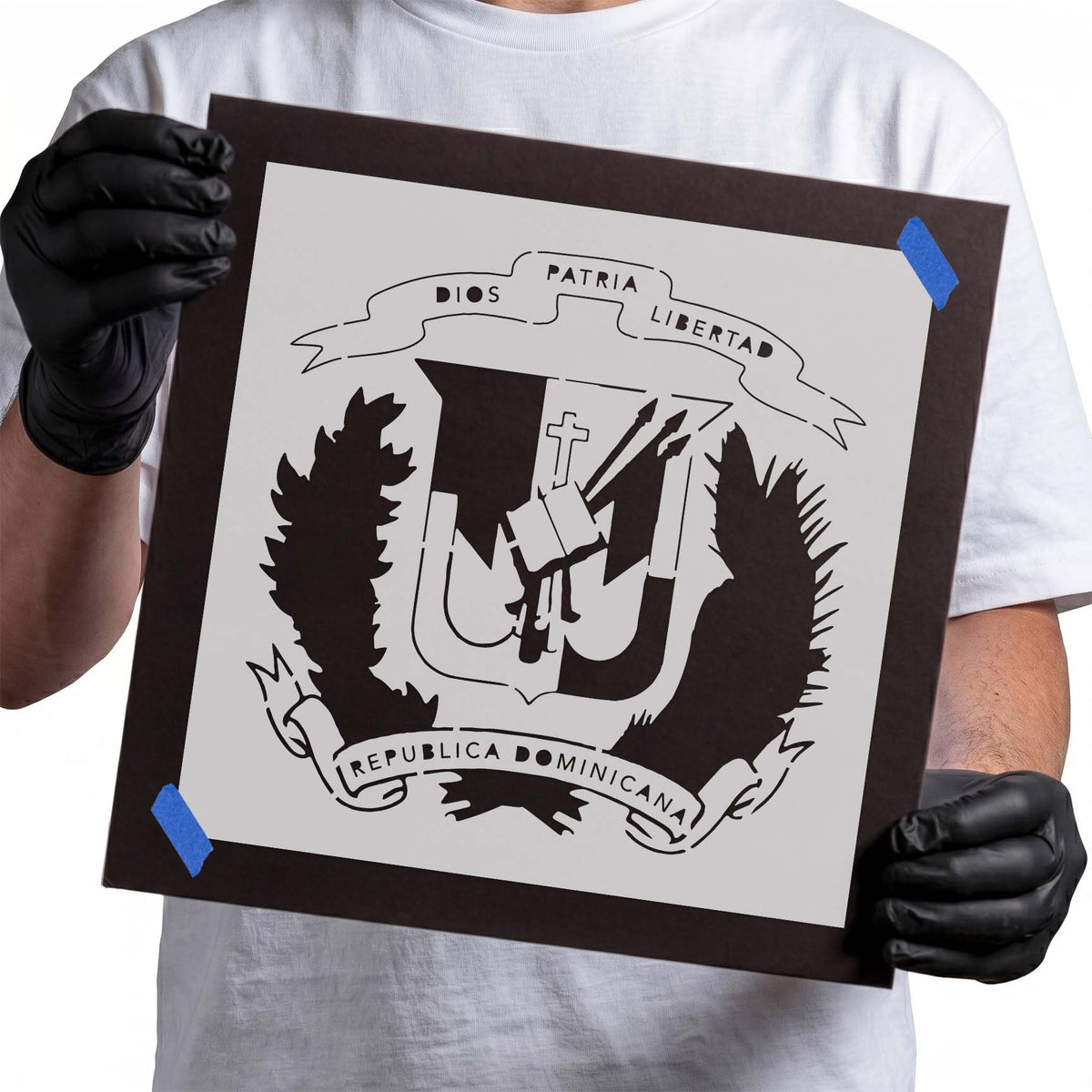 Dominican Republic coat of arms stencil with central shield, leafy branches, and motto banners