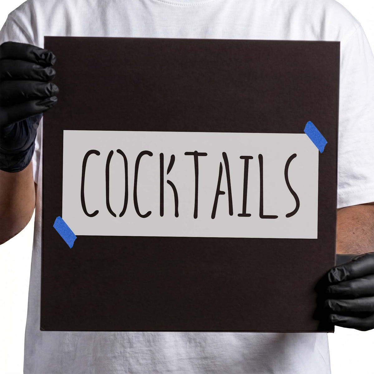 Cocktails stencil with tall narrow uppercase lettering