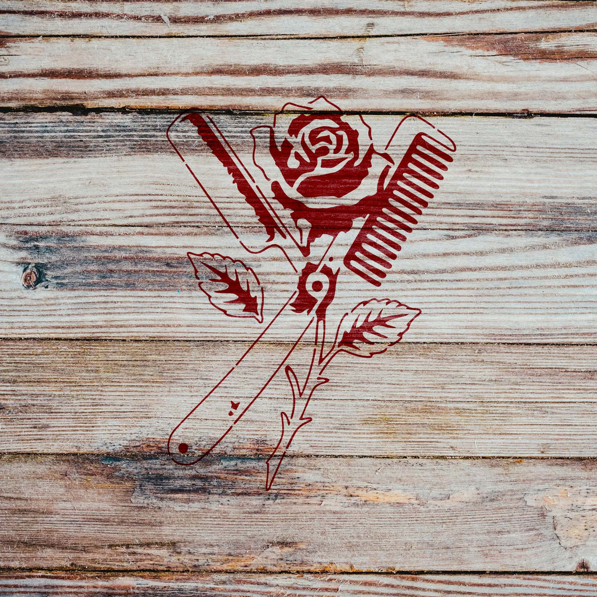 Barber Straight Razor Rose stencil with comb and floral design on wood