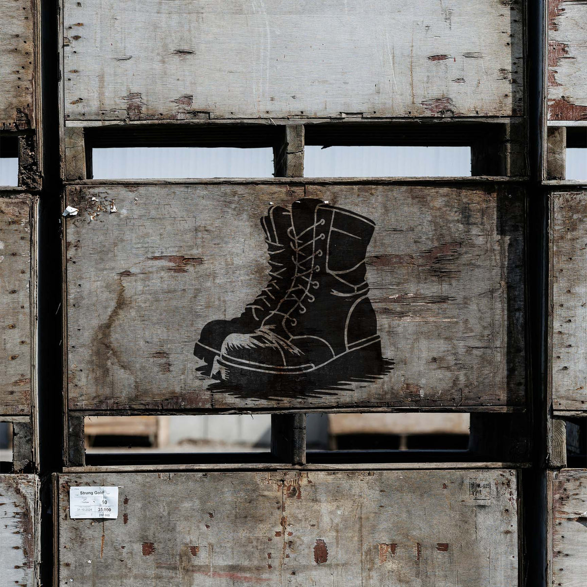 Combat Lace-Up Boots Stencil adds a rugged boot pair design to weathered wooden crates