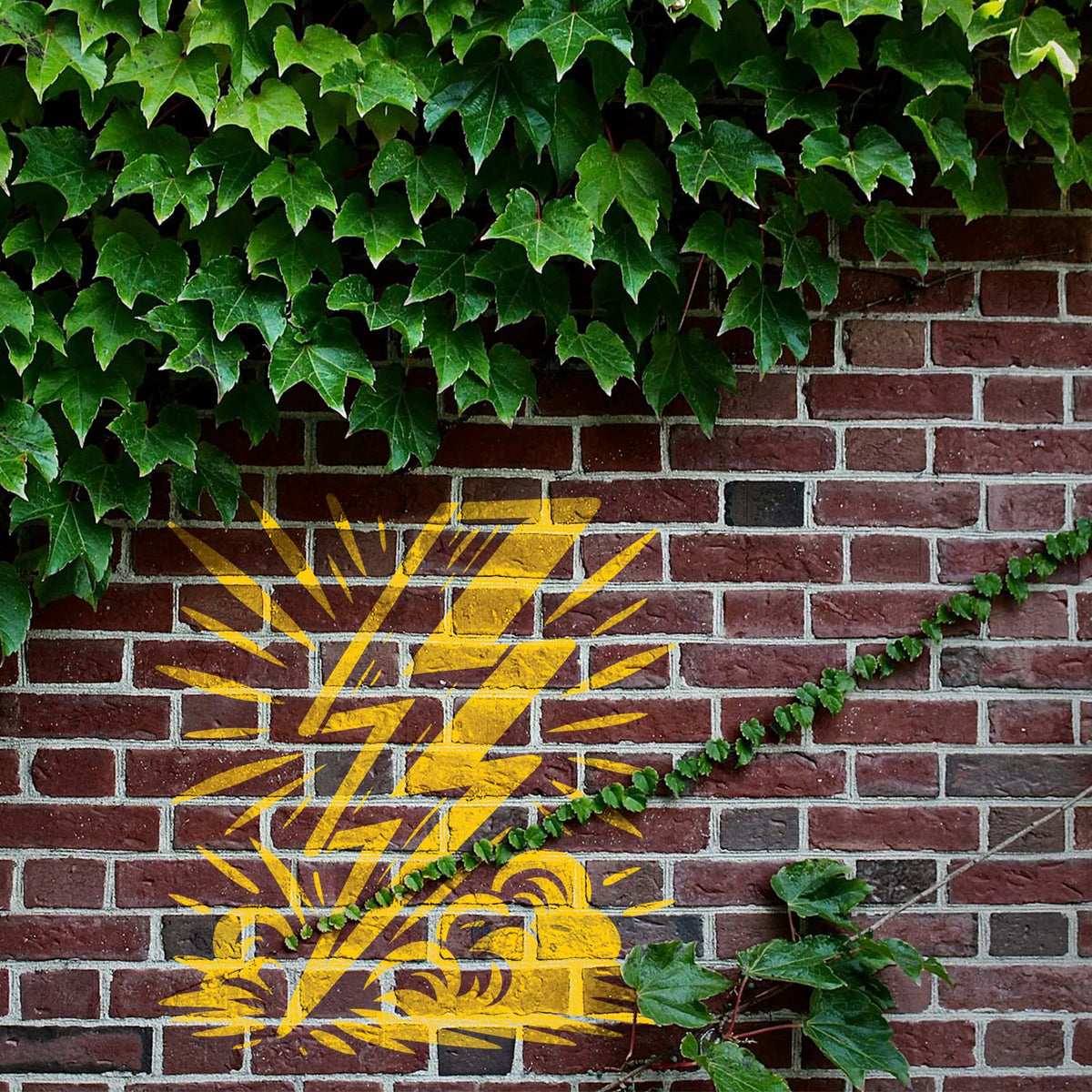 Among trailing ivy, the Comic Lightning Bolt Burst Stencil flashes yellow across a brick wall