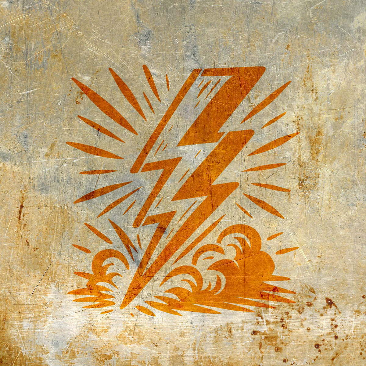 Fiery orange Comic Lightning Bolt Burst Stencil stands bold against a scratched metal surface