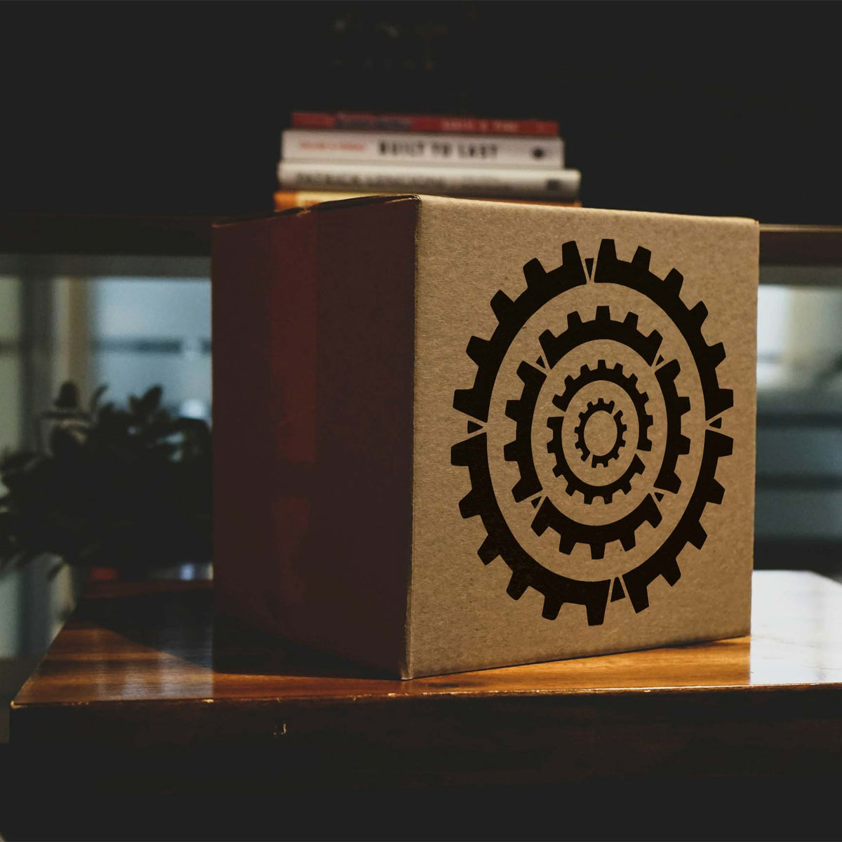 A kraft cardboard box showcases the Concentric Cogs Stencil in black with layered mechanical gear patterns.