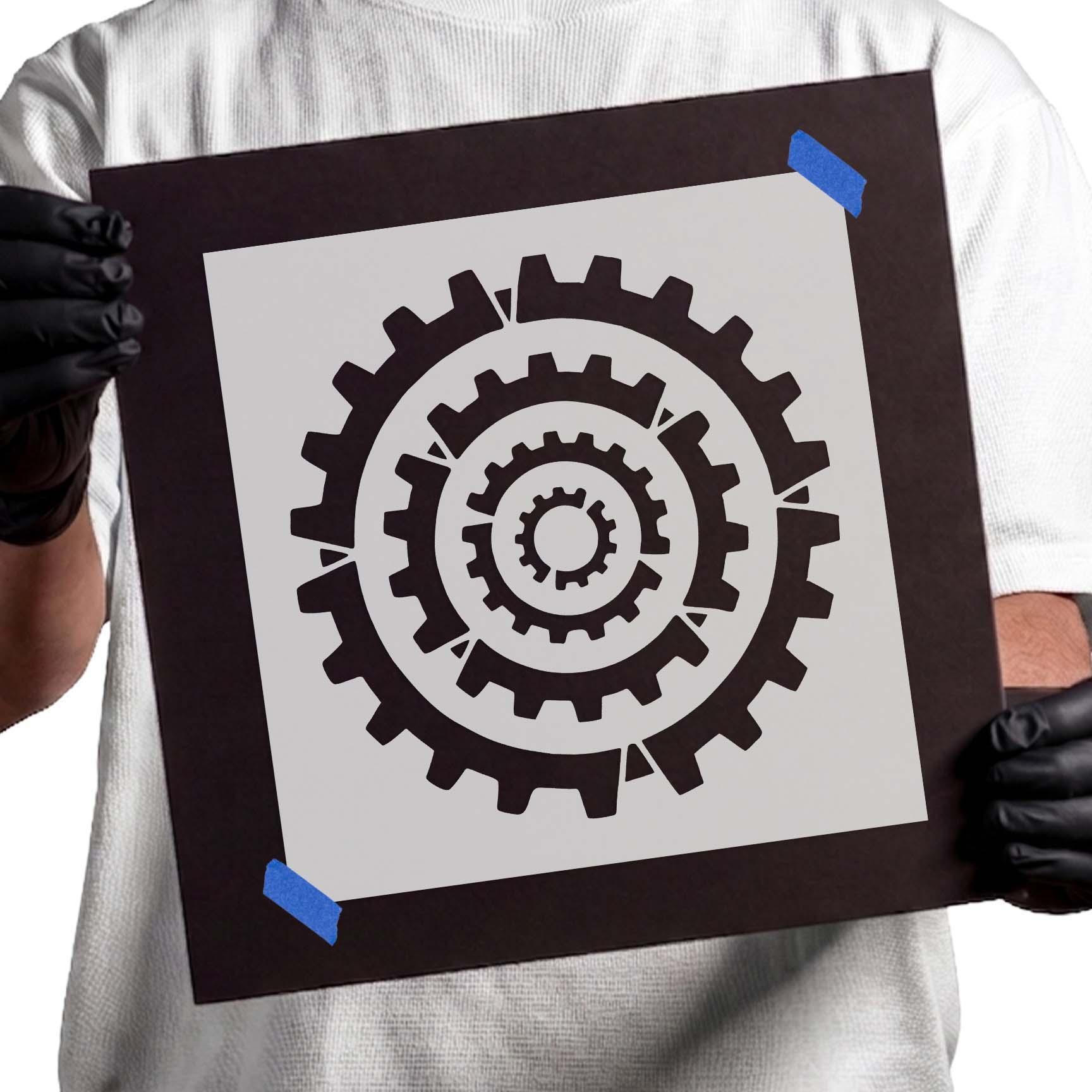 Concentric Cogs Stencil featuring layered interlocking gears 
