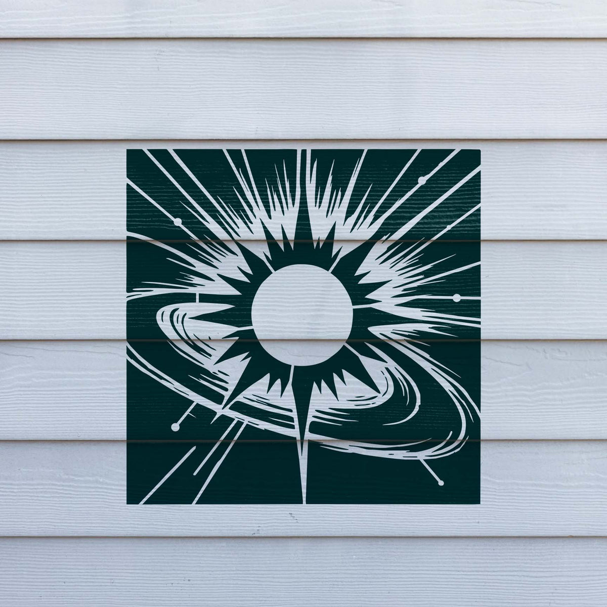 Cosmic Orbital Sun Stencil with radiating bursts and sweeping rings on white siding