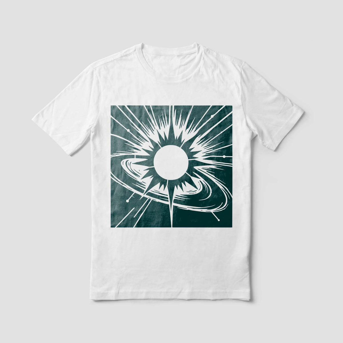 Cosmic Orbital Sun Stencil displayed on a white shirt with sweeping celestial rings