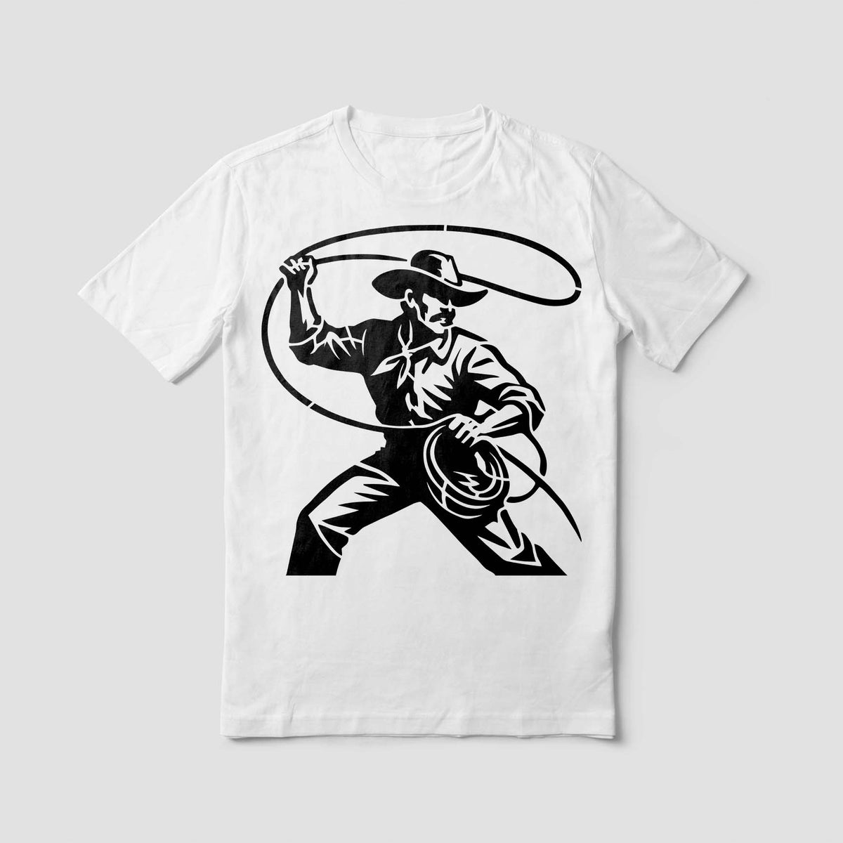 A white shirt features the Cowboy Lasso Action Stencil in bold black Western detail.