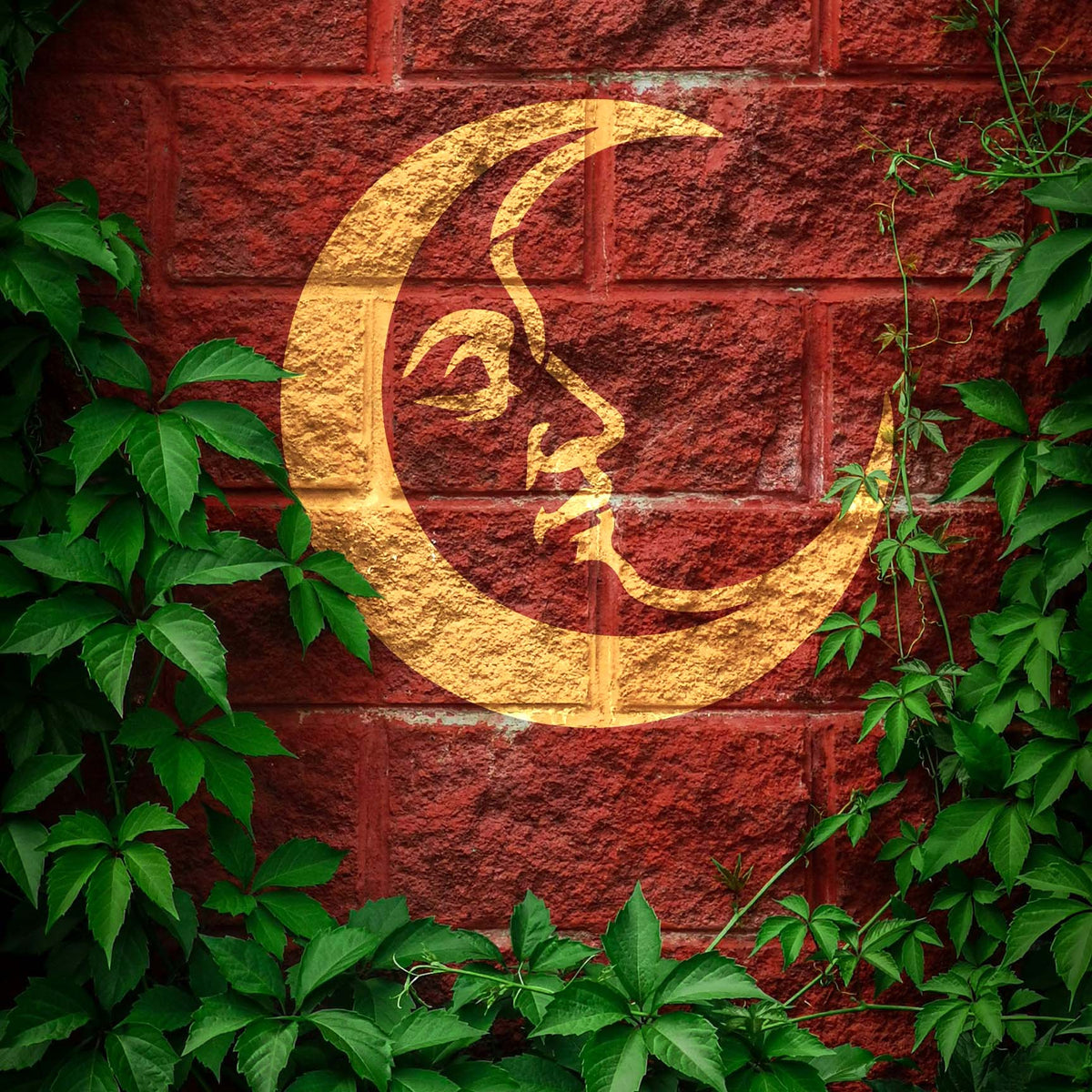 Golden Crescent Moon Face Stencil glows against a rustic red brick wall surrounded by green vines.