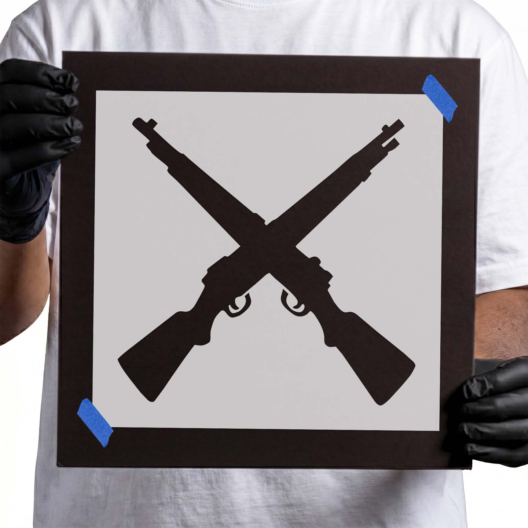 Crossed rifle stencil with two long firearms arranged in an X