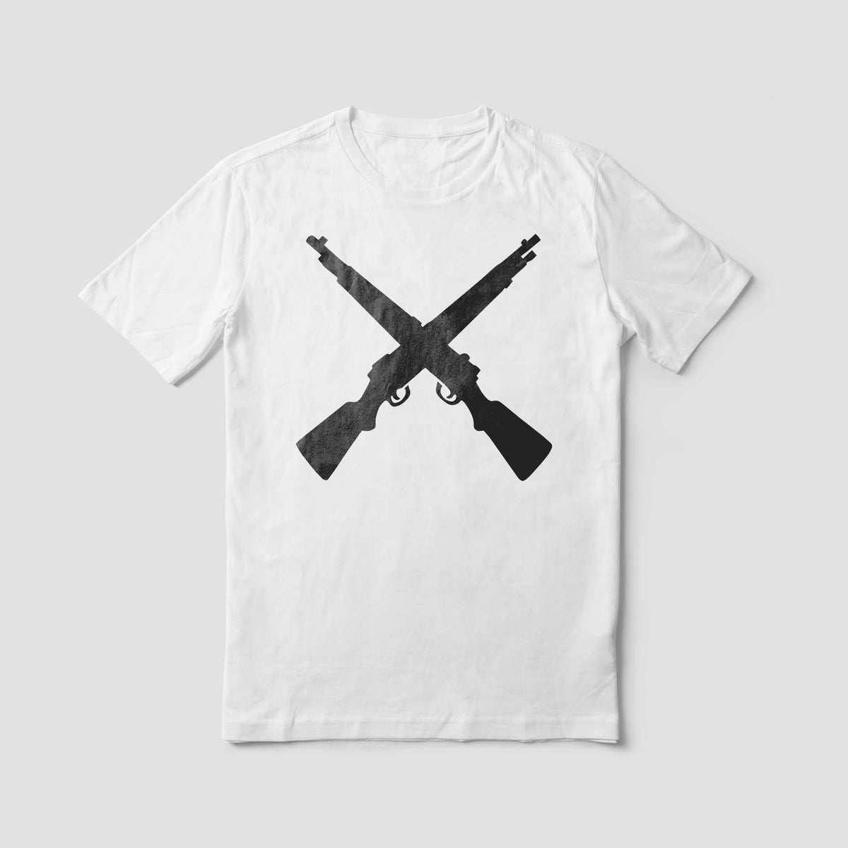 Rifles Silhouette stencil printed in black on white shirt