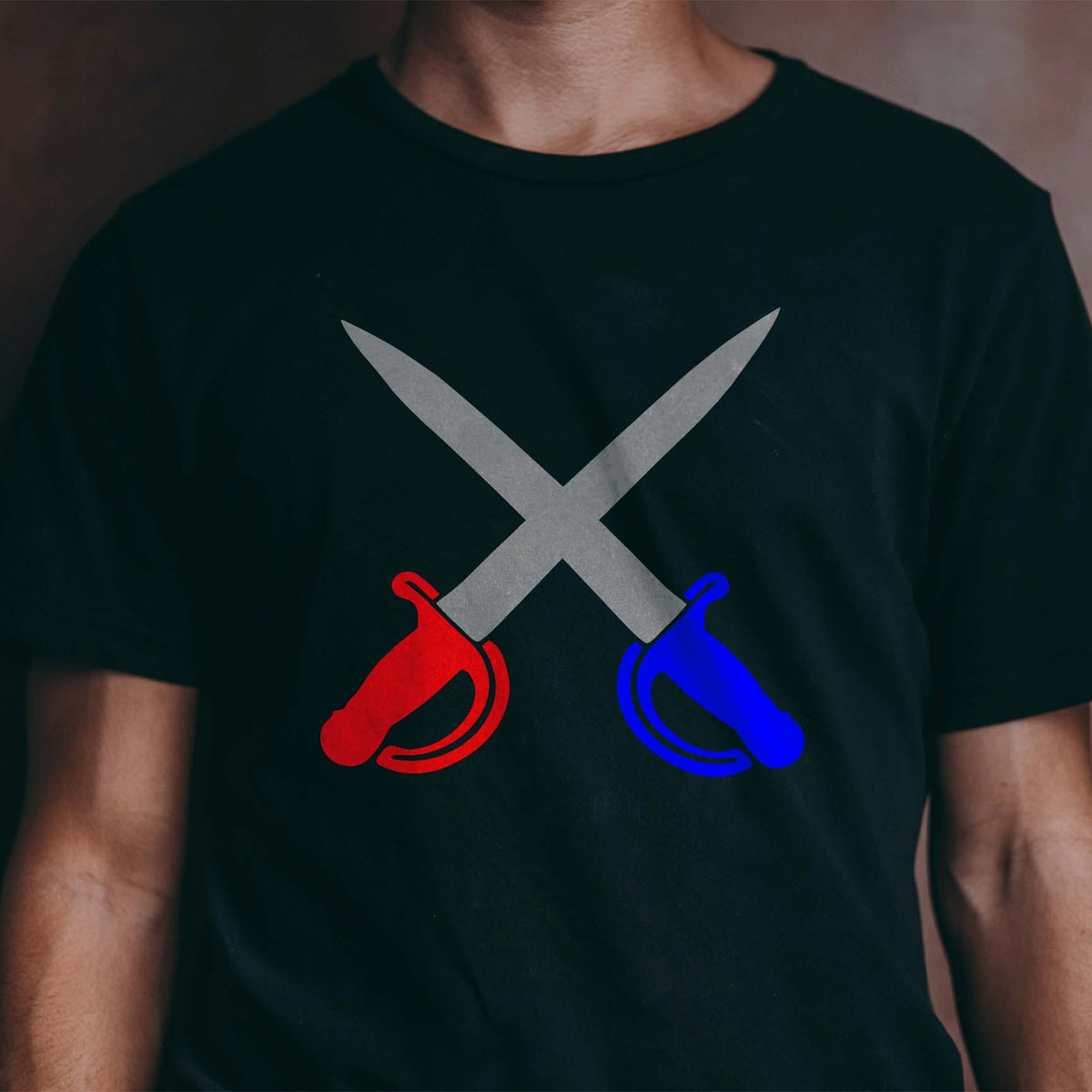 Crossed Cavalry Sabers stencil with red and blue handles on black shirt