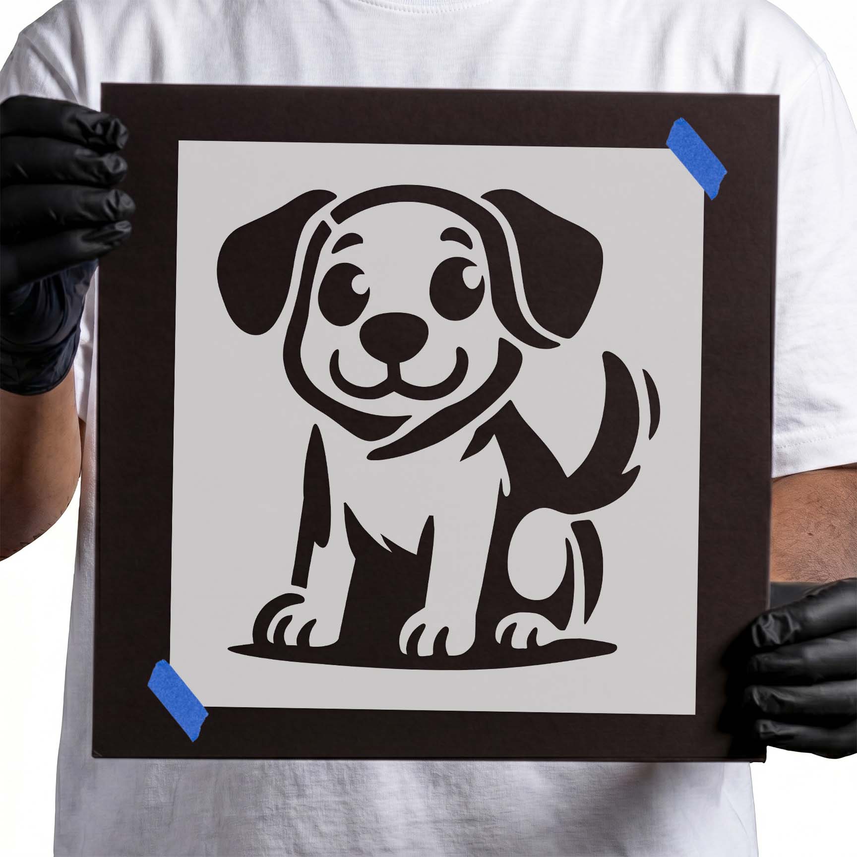 Smiling cartoon puppy with floppy ears and wagging tail