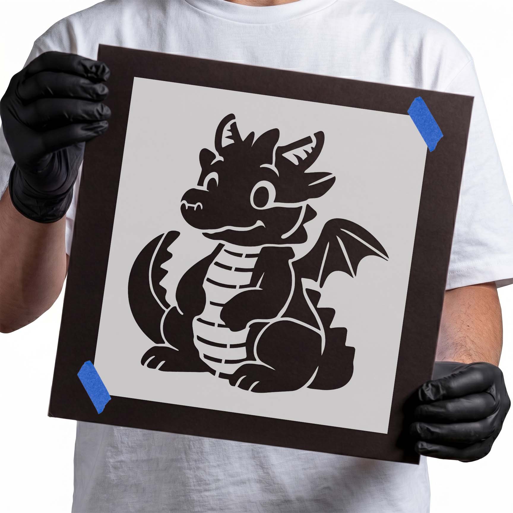 Cute cartoon dragon stencil with small wings, curved horns, striped belly, and curled tail for fun craft projects